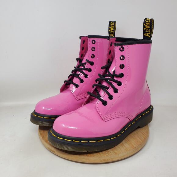 Dr Martens 1460 Boots Womens 6 Pink Patent Leather 8 Eye Lace Up Punk Rave Docs - Picture 2 of 15